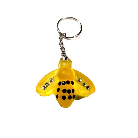 Bee Yellow Hard Plastic Black Silver Rhinestones Keychain Mother Earth - Picture 3 of 7